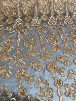Load image into Gallery viewer, Gold Floral Ribbon Embroidery Tulle Mesh Fabric Perfect for Dresses, Prom, Accessories, Table Design, 50" Wide
