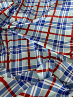 Load image into Gallery viewer, Plaid blue/red spandex 4 way stretch 58" wide
