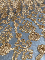 Load image into Gallery viewer, Gold Floral Ribbon Embroidery Tulle Mesh Fabric Perfect for Dresses, Prom, Accessories, Table Design, 50" Wide
