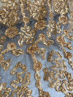 Load image into Gallery viewer, Gold Floral Ribbon Embroidery Tulle Mesh Fabric Perfect for Dresses, Prom, Accessories, Table Design, 50" Wide
