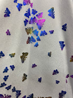 Load image into Gallery viewer, Mini multi butterfly on white pattern 4 way stretch spandex fabric SOLD BY YARD 60 inches wide

