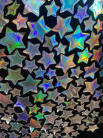 Load image into Gallery viewer, Black Stretch Velvet with iridescent silver mirrored star fabric by the yard 60" Wide
