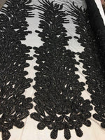 Load image into Gallery viewer, BLACK peacock sequin gem beaded on mesh, sold by the PANEL - prom, wedding, pageant, costume
