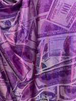 Load image into Gallery viewer, Purple Money glitter foil pattern 4 way stretch fabric, SOLD BY YARD 60 inches wide
