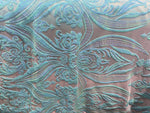 Load image into Gallery viewer, Mint blue Victorian Egg/Tulip, Sequin, 4-way Stretch, Fabric 54" Sold By the yard
