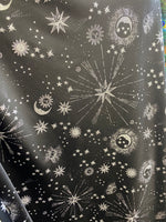 Load image into Gallery viewer, Silver stars and moon on black stretch Spandex Fabric  sold by yard
