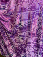 Load image into Gallery viewer, Purple Money glitter foil pattern 4 way stretch fabric, SOLD BY YARD 60 inches wide
