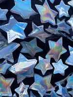 Load image into Gallery viewer, Black Stretch Velvet with silver mirrored star fabric by the yard 60" Wide
