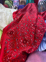 Load image into Gallery viewer, 4 way stretch red bandanna 58" wide fabric by the yard
