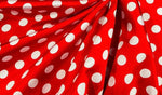Load image into Gallery viewer, white polka dot on red charmeuse Fabric / 58" WIDE / sold by the yard
