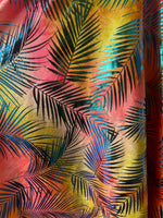 Load image into Gallery viewer, Iridescent foil palm 2 way Stretch on pink Spandex fabric BY THE YARD swimwear dancewear costume 60" Wide
