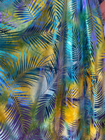 Load image into Gallery viewer, Iridescent foil palm 2 way Stretch on yellow Spandex fabric BY THE YARD swimwear dancewear costume 60" Wide
