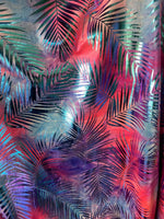 Load image into Gallery viewer, Iridescent foil palm 2 way Stretch on red Spandex fabric BY THE YARD swimwear dancewear costume 60" Wide
