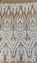 Load image into Gallery viewer, Ivory on nude mesh Victorian Egg/Tulip, Big Print, Sequin, 4-way Stretch, Fabric 54" Sold By the Yard, Wedding, Prom, Dresses,
