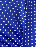 Load image into Gallery viewer, White polka dot on royal 4 way stretch spandex fabric,  SOLD BY YARD 60 inches wide
