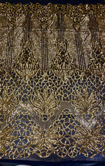 Load image into Gallery viewer, Sequin gold on black mesh , 4-way Stretch, Fabric 54" Sold By the Yard, Wedding, Prom, Dresses, Lingerie, Pageant
