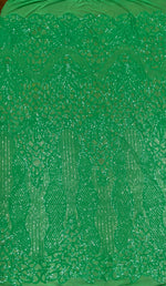 Load image into Gallery viewer, Sequin kelly green on green mesh , 4-way Stretch, Fabric 54" Sold By the Yard, Wedding, Prom, Dresses, Lingerie, Pageant
