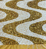 Load image into Gallery viewer, Gold sequin Wave Design On white stretch velvet all over 5mm shining sequins 2-way stretch, sold by the yard.
