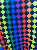 Load image into Gallery viewer, Stretch Spandex /multi diamond checkered on black/ 4 way 58" wide fabric by the yard
