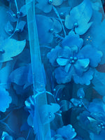 Load image into Gallery viewer, Turquoise 3d floral design ,embroider with pearls mesh lace scalloped, sold by the yard 54” wide

