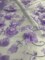 Load image into Gallery viewer, Lavender 3d floral design ,embroider with pearls mesh lace scalloped, sold by the yard 54” wide
