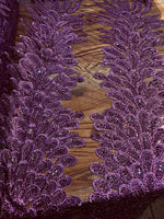 Load image into Gallery viewer, Purple peacock sequin gem beaded on mesh, sold by the PANEL - prom, wedding, pageant, costume
