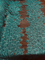 Load image into Gallery viewer, Turquoise peacock sequin gem beaded on mesh, sold by the PANEL - prom, wedding, pageant, costume
