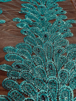 Load image into Gallery viewer, Turquoise peacock sequin gem beaded on mesh, sold by the PANEL - prom, wedding, pageant, costume
