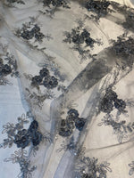 Load image into Gallery viewer, Silver floral lace ,embroider with sequin on mesh scalloped, sold by the yard 54” wide
