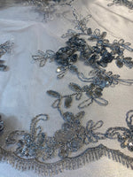Load image into Gallery viewer, Silver floral lace ,embroider with sequin on mesh scalloped, sold by the yard 54” wide
