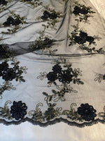 Load image into Gallery viewer, Black floral lace ,embroider with sequin on mesh scalloped, sold by the yard 54” wide
