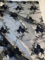 Load image into Gallery viewer, Black floral lace ,embroider with sequin on mesh scalloped, sold by the yard 54” wide
