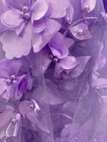 Load image into Gallery viewer, Lavender 3d floral design ,embroider with pearls mesh lace scalloped, sold by the yard 54” wide
