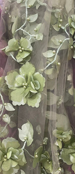 Load image into Gallery viewer, Sage 3d floral design ,embroider with pearls mesh lace scalloped, sold by the yard 54” wide
