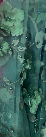 Load image into Gallery viewer, Hunter green 3d floral embroider with pearls mesh lace scalloped, sold by the yard 54” wide
