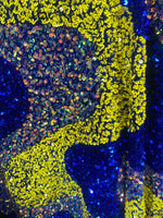 Load image into Gallery viewer, Blue yellow sequin Wave Design  stretch velvet all over 5mm sequins
