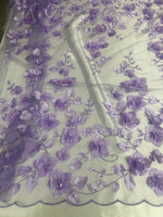 Load image into Gallery viewer, Lavender 3d floral design ,embroider with pearls mesh lace scalloped, sold by the yard 54” wide
