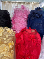 Load image into Gallery viewer, Pink 3d floral design ,embroider with pearls mesh lace scalloped, sold by the yard 54” wide
