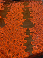 Load image into Gallery viewer, Orange peacock sequin gem beaded on mesh, sold by the PANEL - prom, wedding, pageant, costume
