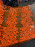 Load image into Gallery viewer, Orange peacock sequin gem beaded on mesh, sold by the PANEL - prom, wedding, pageant, costume
