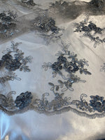 Load image into Gallery viewer, Silver floral lace ,embroider with sequin on mesh scalloped, sold by the yard 54” wide
