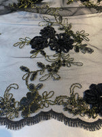 Load image into Gallery viewer, Black floral lace ,embroider with sequin on mesh scalloped, sold by the yard 54” wide
