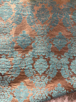 Load image into Gallery viewer, Damask Taffeta aqua on brown Flocking fabric per yard 60” wide
