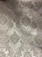 Load image into Gallery viewer, Damask Taffeta flocking gray on silver fabric per yard 60” wide
