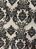 Load image into Gallery viewer, Damask Taffeta black on beige Flocking fabric per yard 60” wide
