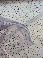 Load image into Gallery viewer, Beaded multicolored, rhinestone gems, on lavender mesh fabric, 54 inches wide
