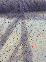 Load image into Gallery viewer, Beaded multicolored, rhinestone gems, on lavender mesh fabric, 54 inches wide

