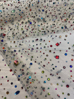 Load image into Gallery viewer, Beaded multicolored, rhinestone gems, on black mesh fabric, 54 inches wide

