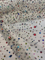 Load image into Gallery viewer, Beaded multicolored, rhinestone gems, on ivory mesh fabric, 54 inches wide

