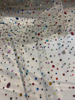 Load image into Gallery viewer, Beaded multicolored, rhinestone gems, on ivory mesh fabric, 54 inches wide
